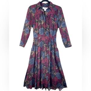 Tareti by Howard Lei Vintage 80s Floral Dress Size 6 Petite, Long Sleeve Pockets
